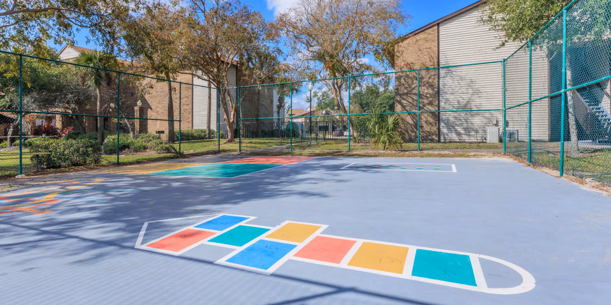 Basketball courts with hopscotch drawing