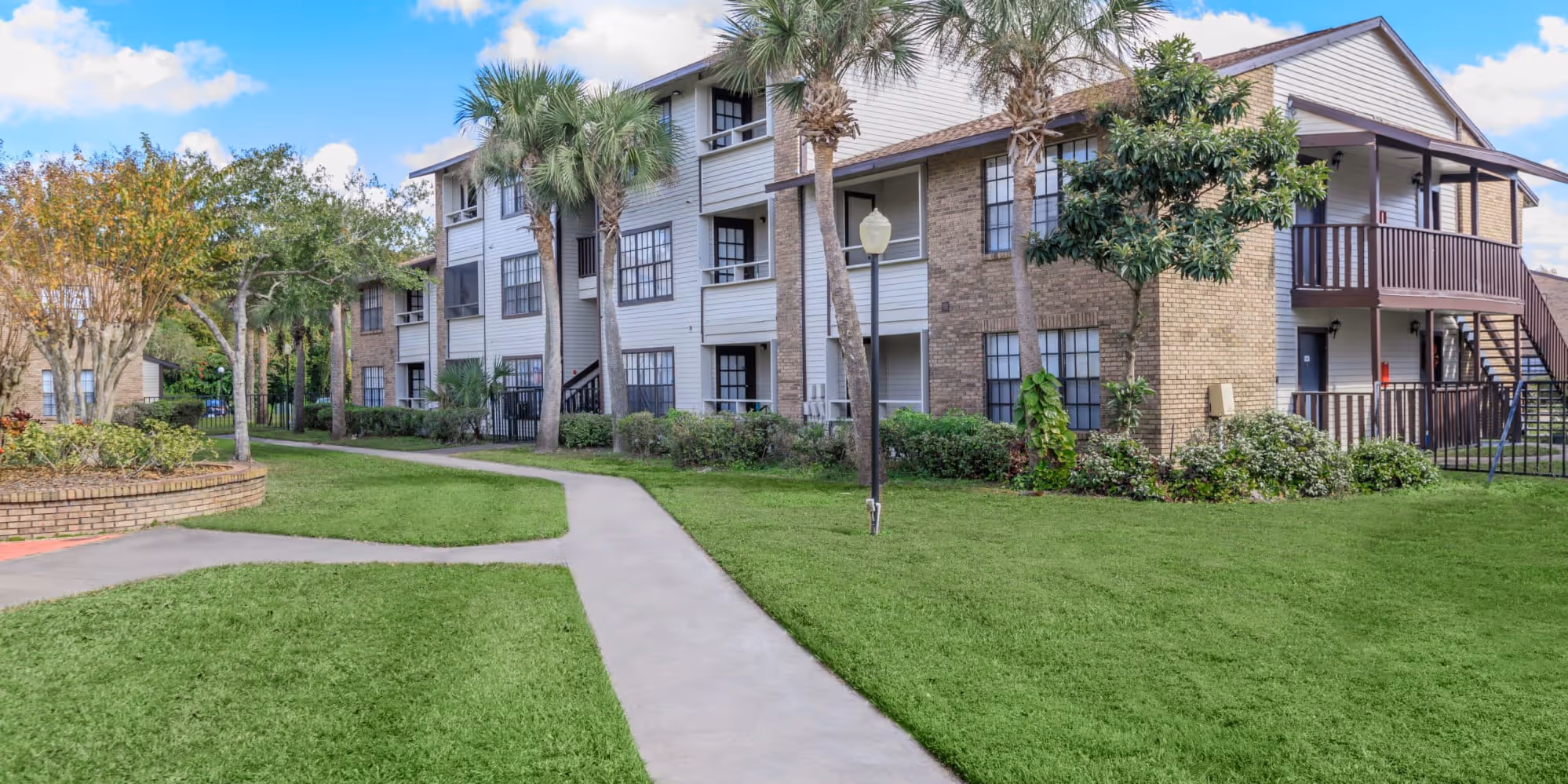 Exterior walking path with palm trees