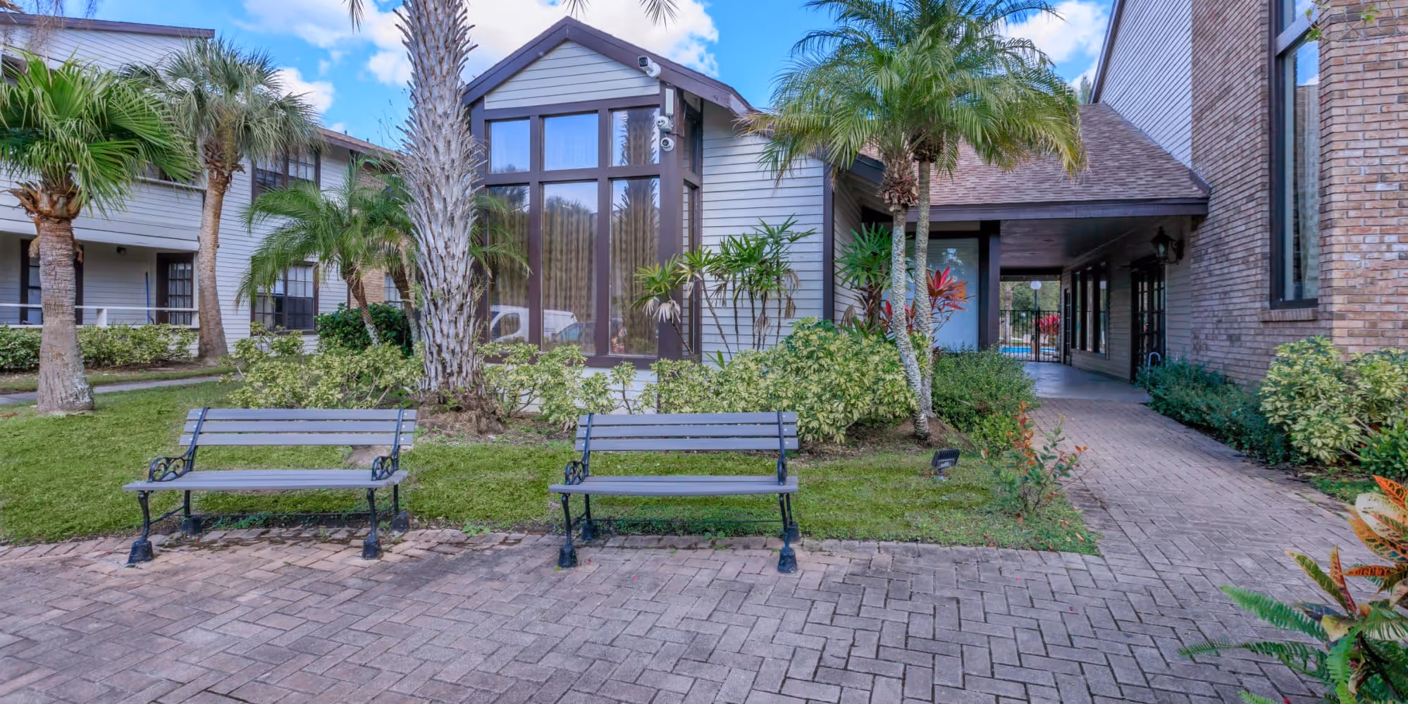 Exterior ith benches and palm trees