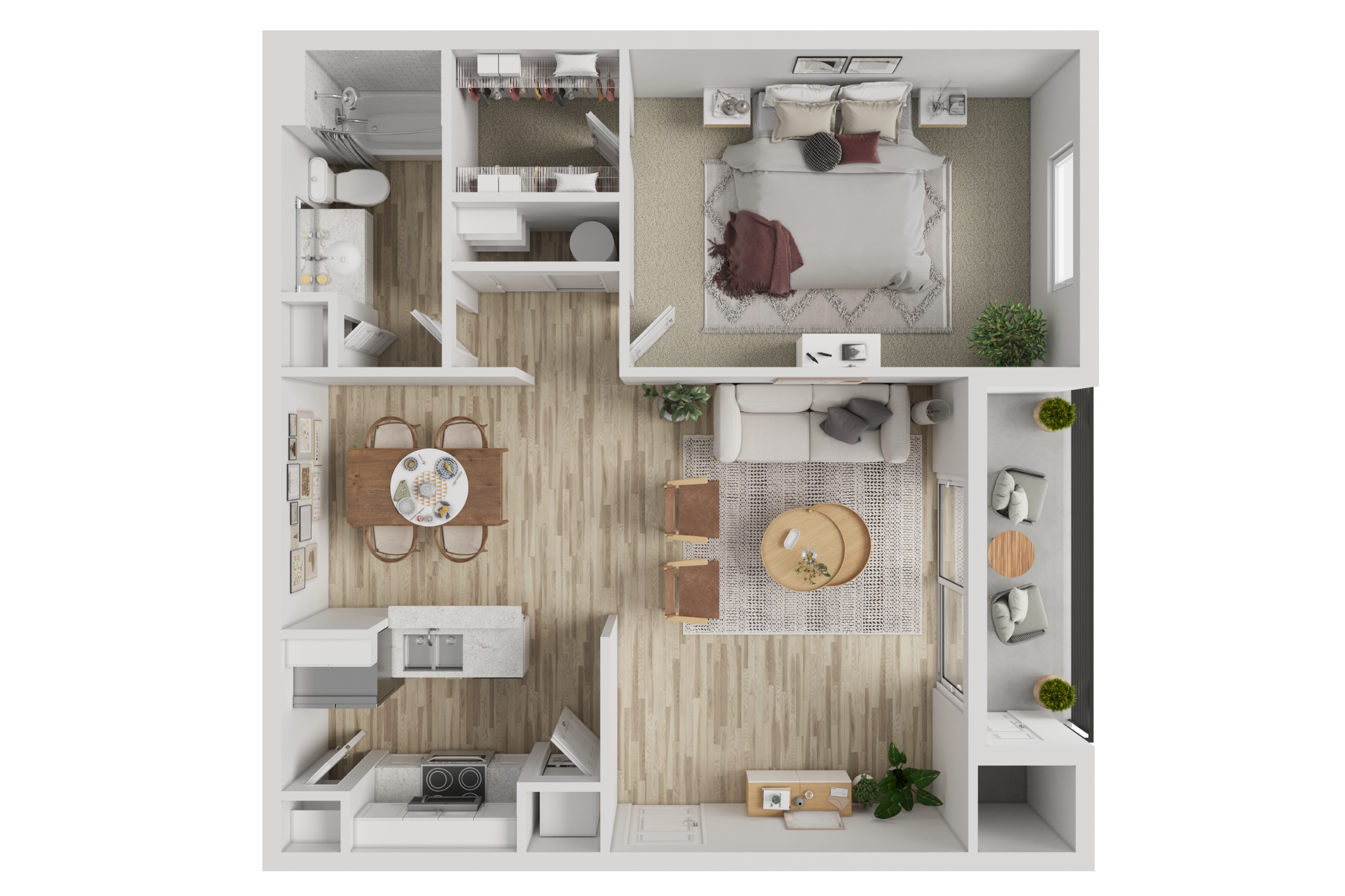 1 bedroom, 1 bathroom apartment floor plan with open-concept living room, dining area, modern kitchen, spacious bedroom with walk-in closet, full bathroom, in-home laundry, and private patio