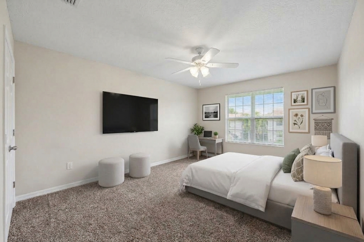 Bedroom with bed and large window