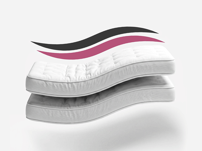 Minimalist over-ear wireless headphones in a soft pink finish, shown floating against a neutral background with fabric ear cushions.