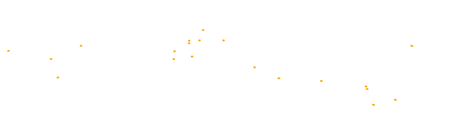 Carte stylisée représentant un réseau de points orange connectés par des lignes noires sur un fond noir.