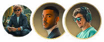 Trois portraits circulaires de personnes: une femme portant des lunettes de soleil et un blazer vert, un homme en costume formel, et un homme avec des écouteurs et un T-shirt vert.