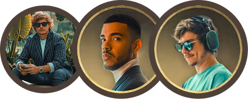 Portraits de trois hommes dans des cercles: un homme avec des lunettes de soleil et une chemise rayée, un homme en costume regardant devant, et un homme avec des lunettes de soleil et un casque audio.
