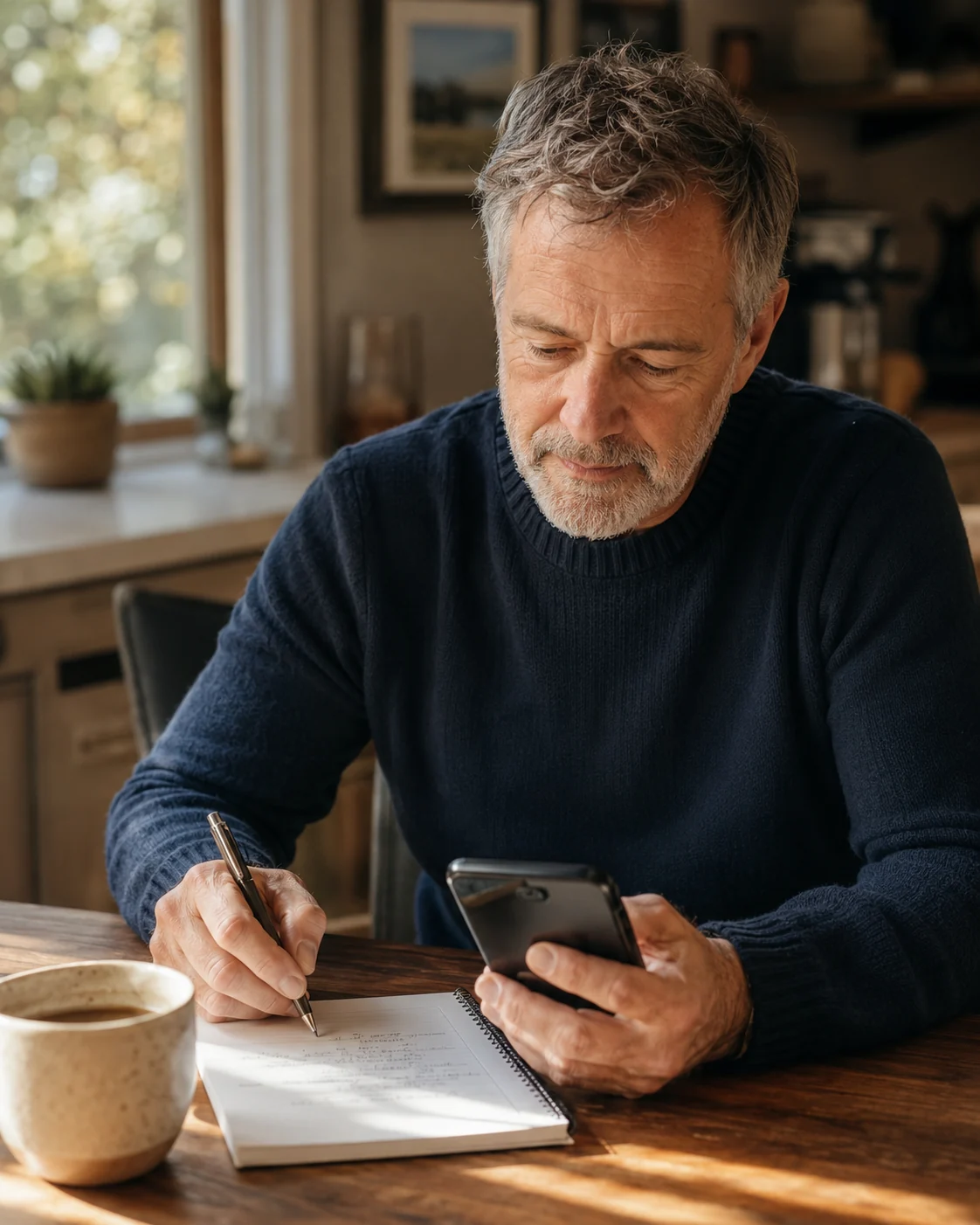 Photograph of a calm, composed Australian man sitting at a sunlit wooden kitchen table at home