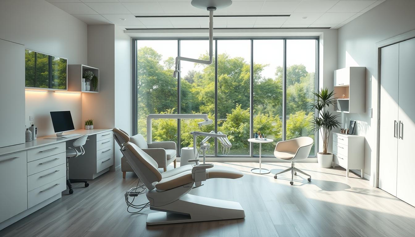 Modern dental treatment room with floor-to-ceiling windows overlooking trees