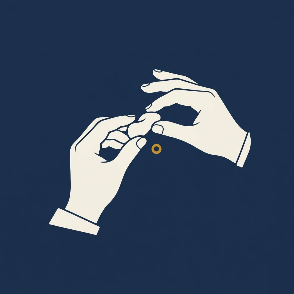 Two hands carefully examining a small object, viewed from above. An illustration representing a considered, focused decision.
