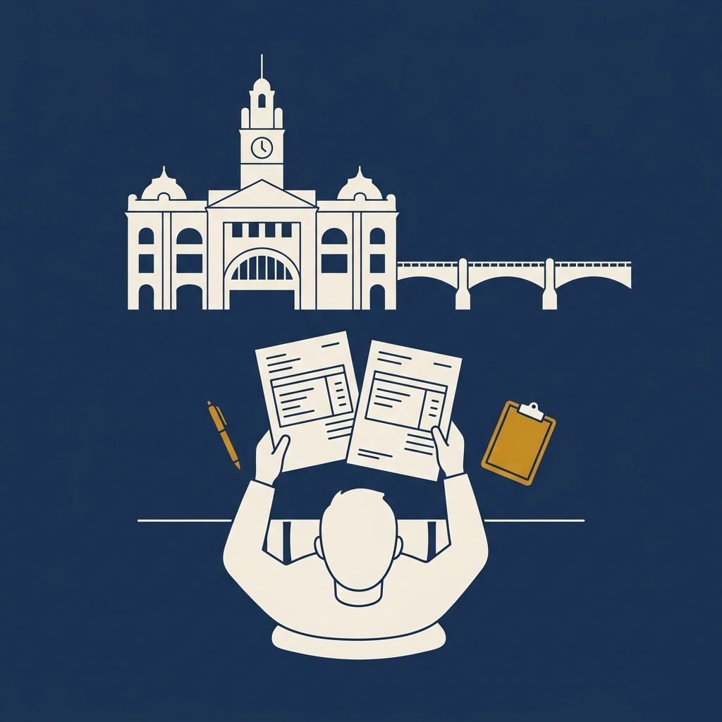 Overhead illustration of a person reviewing two dental implant cost documents at a desk, with Melbourne's Flinders Street Station and Princes Bridge over the Yarra River visible as simplified silhouettes in the background.