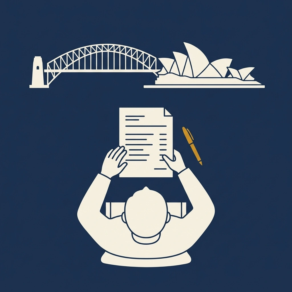 Overhead illustration of a person reviewing a dental implant quote document at a desk, with the Sydney Harbour Bridge and Opera House visible as simplified silhouettes in the background.