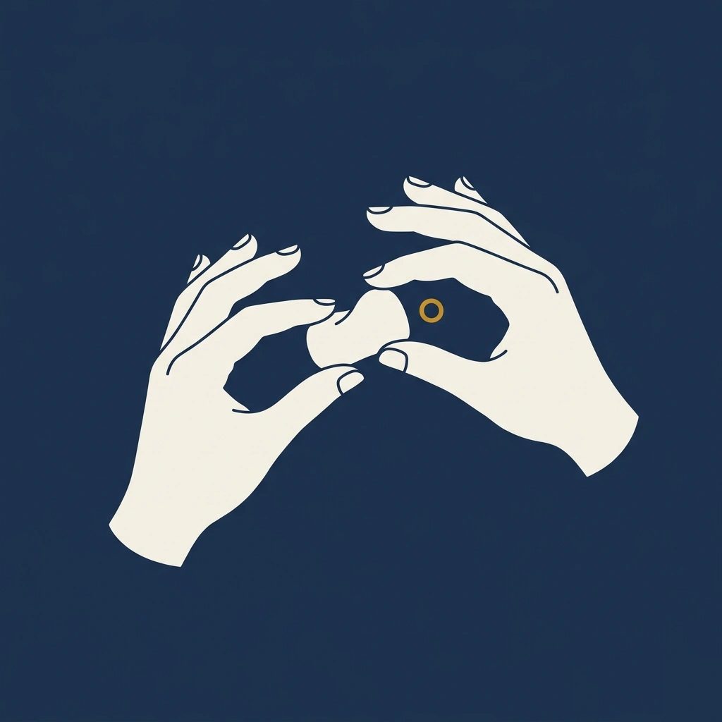 Two hands carefully examining a small object, viewed from above. An illustration representing a considered, focused decision.