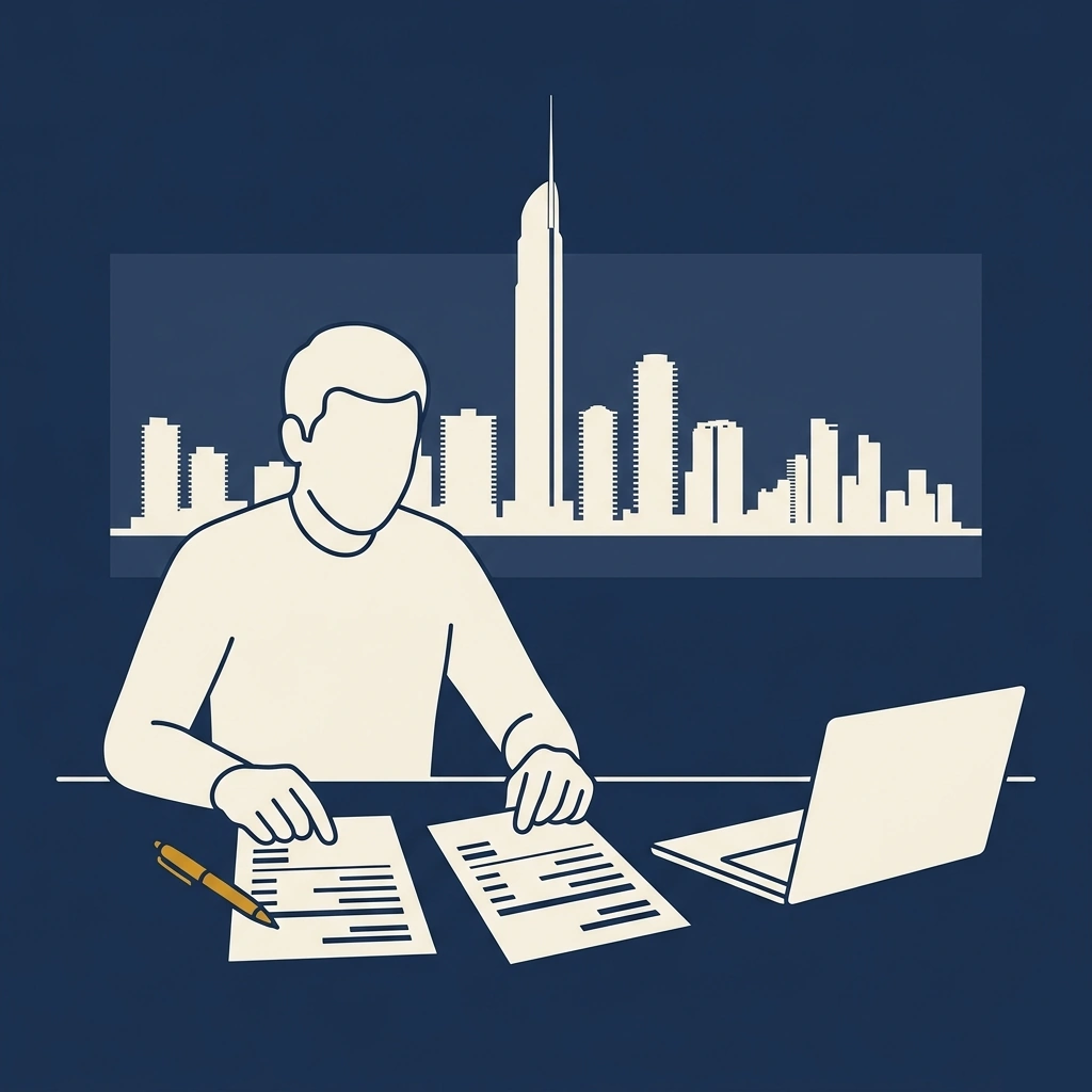 Person reviewing two dental implant cost documents at a desk, with the Gold Coast's Q1 Tower and Surfers Paradise skyline visible through a window in the background.