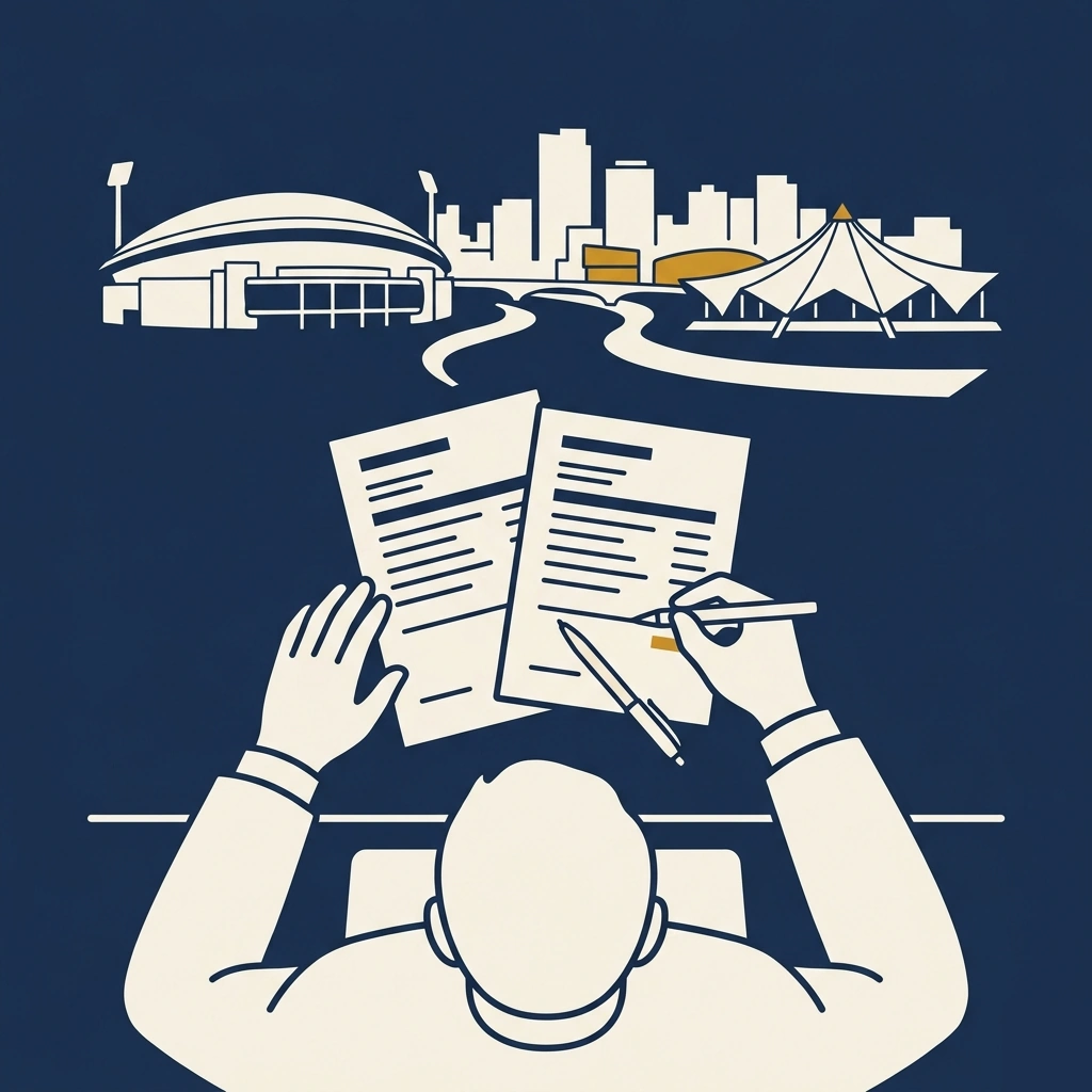 Overhead illustration of a person reviewing two dental implant cost documents at a desk, with Adelaide Oval and the Adelaide Festival Centre visible as simplified silhouettes across the River Torrens in the background.