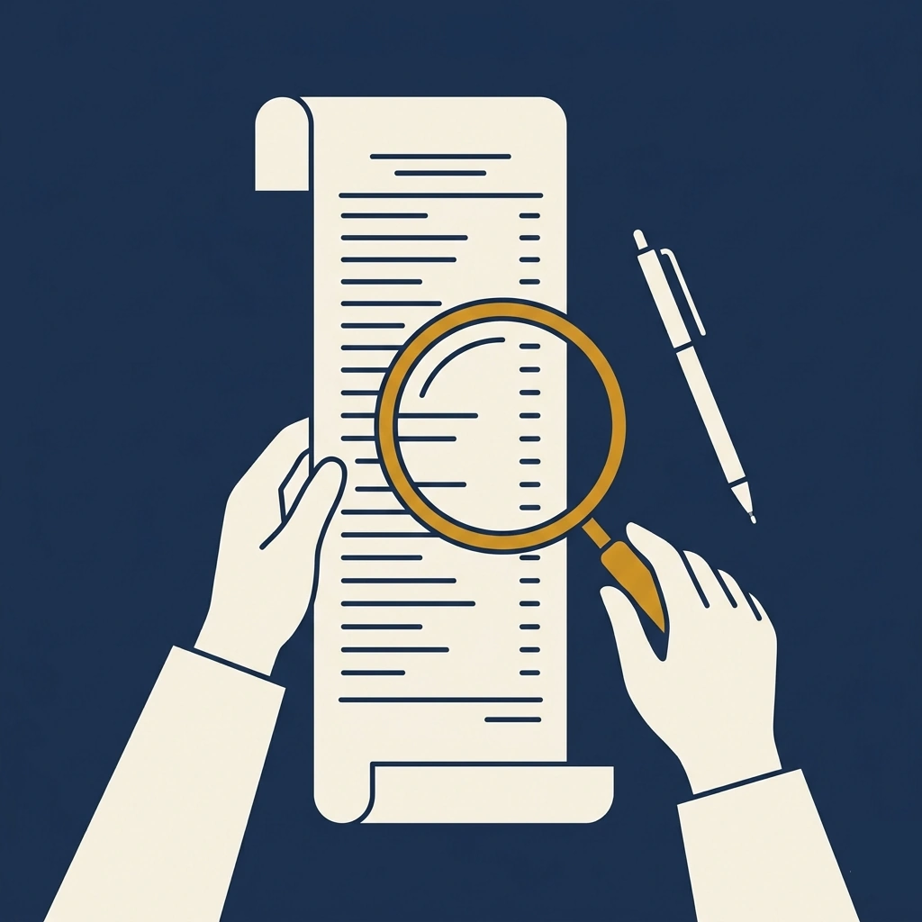 Overhead illustration of a long itemised invoice with a magnifying glass examining the middle line items, representing a line-by-line breakdown of what drives the cost of dental implants in Australia.