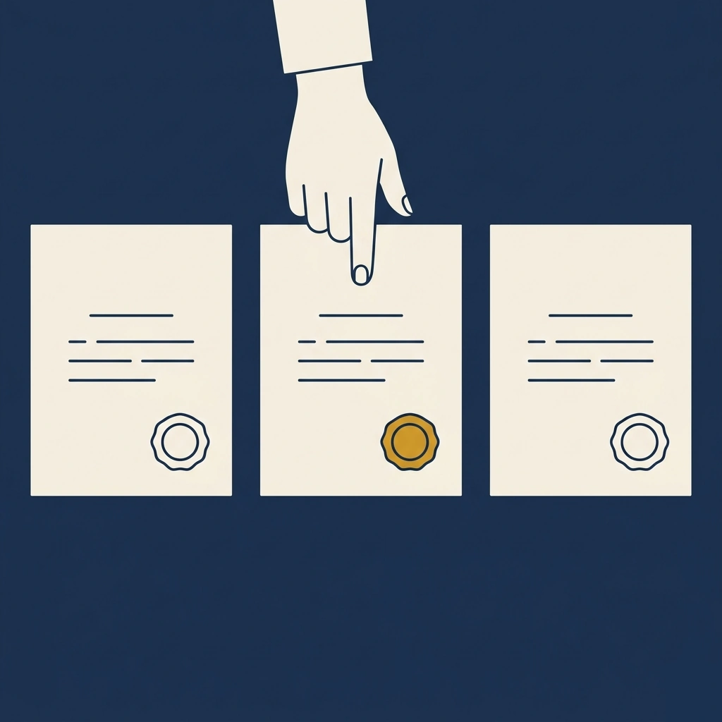 Overhead illustration of three professional credential certificates laid out side by side with a hand reaching toward the middle one, representing the choice between a general dentist, oral surgeon, or prosthodontist for dental implant treatment.