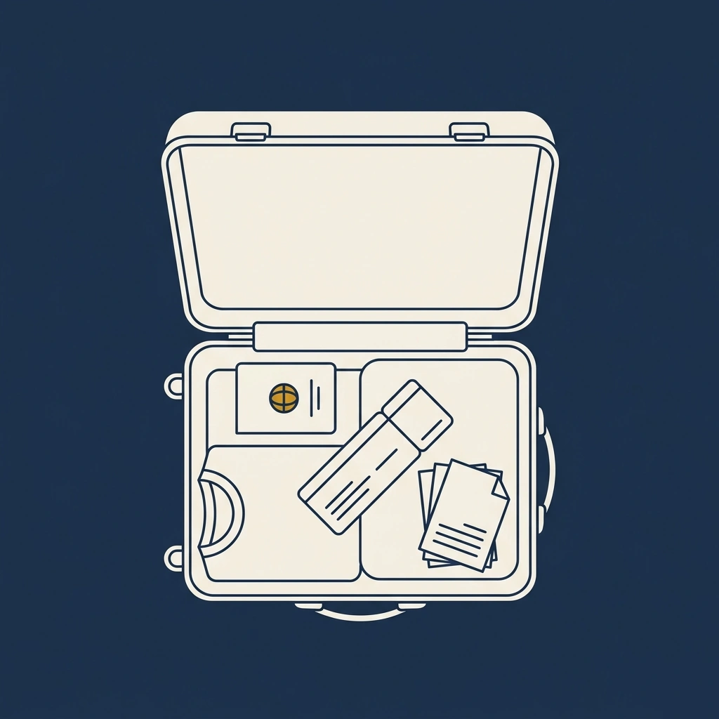 Overhead illustration of an open suitcase containing a passport, folded boarding pass, paper documents, and folded clothing, representing what Australians should consider before travelling overseas for dental implant treatment.