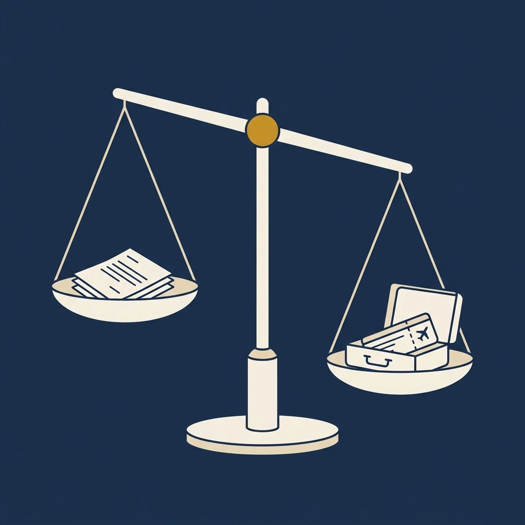 Overhead illustration of a balance scale with a stack of paper documents on one pan and a small open suitcase with a boarding pass on the other, weighing the choice between getting dental implants in Australia and travelling to Bali.