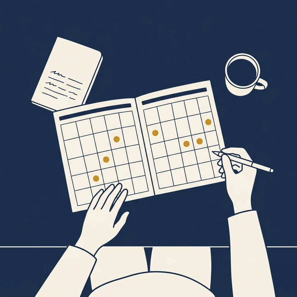Overhead view of a person planning a multi-month dental implant treatment journey, with an open calendar spread and six amber markers showing key stage dates across two months.