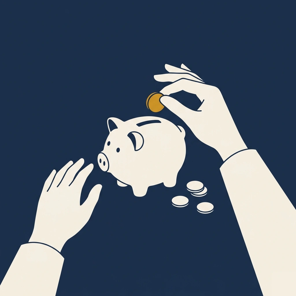 Hands resting on a desk beside a piggy bank, holding a single amber coin above the slot, illustrating the decision to use superannuation for dental implants.