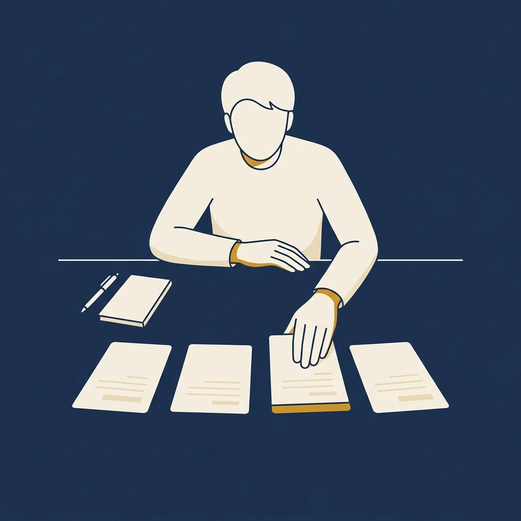 Overhead illustration of a person at a desk comparing several tooth replacement options laid out as cards, weighing up which one to choose.