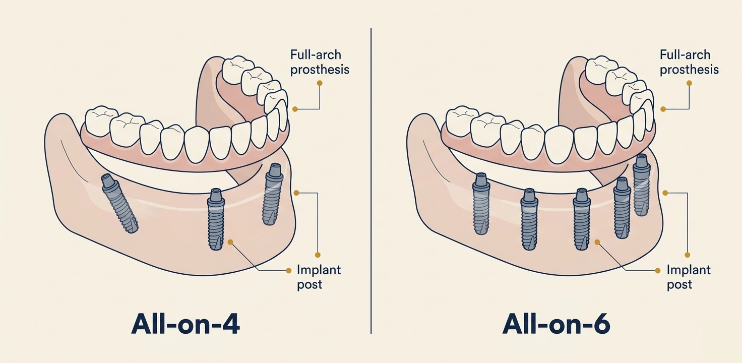 Side-by-side schematic comparing All-on-4 and All-on-6 dental implants, showing a full-arch prosthesis supported by four implants on the left and six implants on the right.