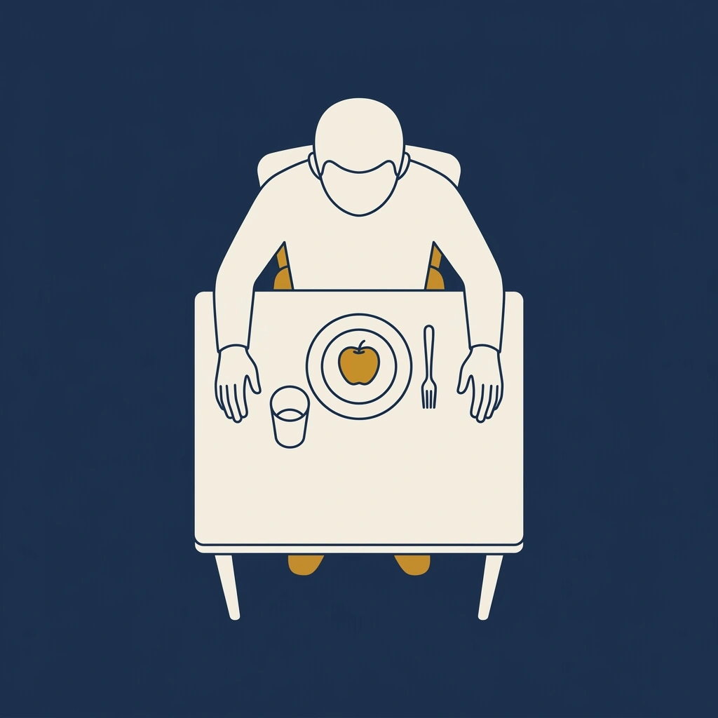 Overhead illustration of a person seated calmly at a table with a simple place setting and a whole apple, representing eating comfortably with stable implant-supported dentures.