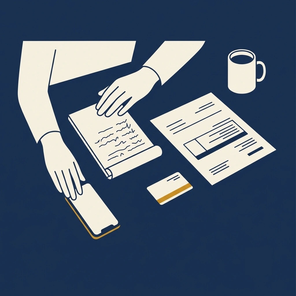 Overhead view of a person at a desk preparing to call their private health fund about dental implant cover, with a phone, an itemised treatment plan, handwritten questions, and a health insurance card laid out in front of them.