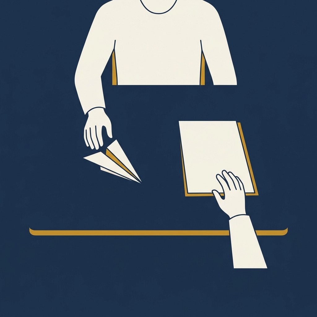 Person weighing two options at a desk, one represented by a paper aeroplane, the other by a document, symbolising the choice between overseas and local dental treatment.
