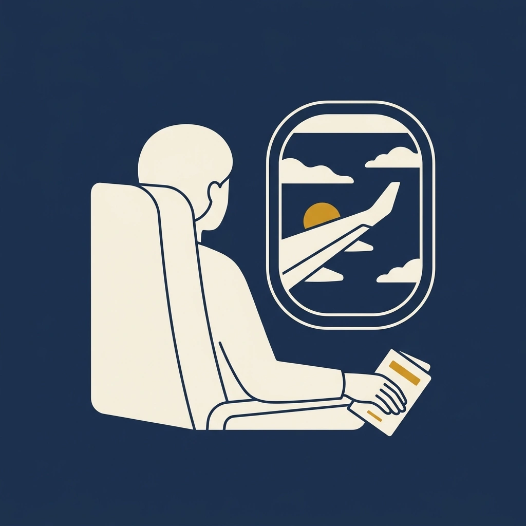 Traveller seated by a plane window with a passport in hand, looking out at the wing and clouds.