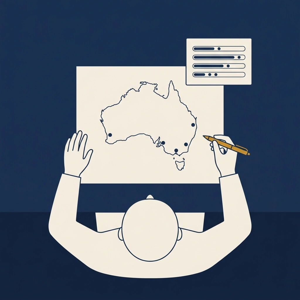 Person at a desk comparing a map of Australia with a simple price range chart for full-arch dental implants by city.