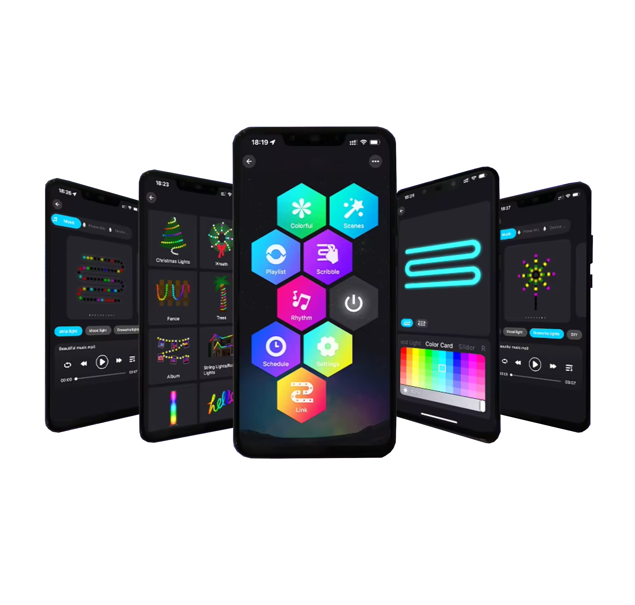 Smartphone app controlling permanent LED lighting system installed by RoyalShine Lighting, showcasing customizable colours, scenes, scheduling, and RGB lighting controls for exterior home lighting