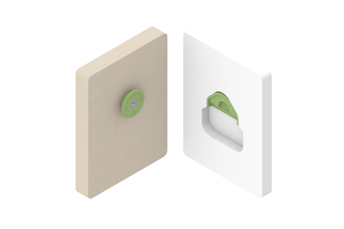 Two wooden blocks with a close up of the XF015 Clip System. On the left block a XF015-M Clip is screwed on to the block. On the right block a CNC cut out shape with an XF015-F slot is attached to the top for the clip to slot on.