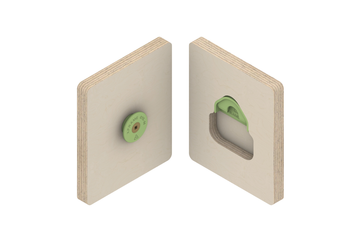Two wooden blocks with a close up of the XF015 Clip System. On the left block a XF015-M Clip is screwed on to the block. On the right block a CNC cut out shape with an XF015-F slot is attached to the top for the clip to slot on.