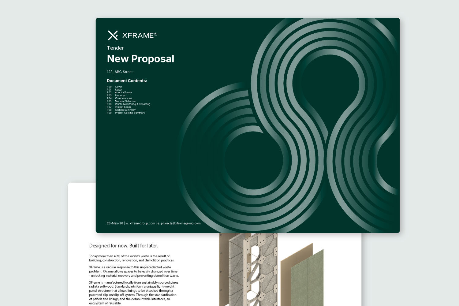 A proposal document cover, with a contents page and decorative swirl, and another page of the document about XFrame's purpose.