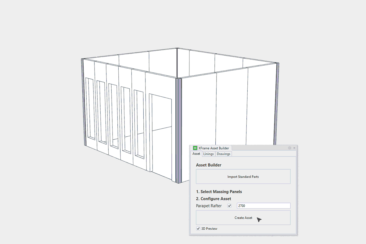 An animation of a drawing of a room with windows, being transformed into standard XFrame Assets of 600 to 1200mm XFrame Wall Panels
