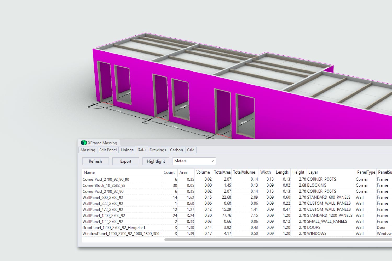 An image of a rendered massing of three meeting rooms in Rhino3D, and a pop up XF Massing interface showing the data in the rendered massing.