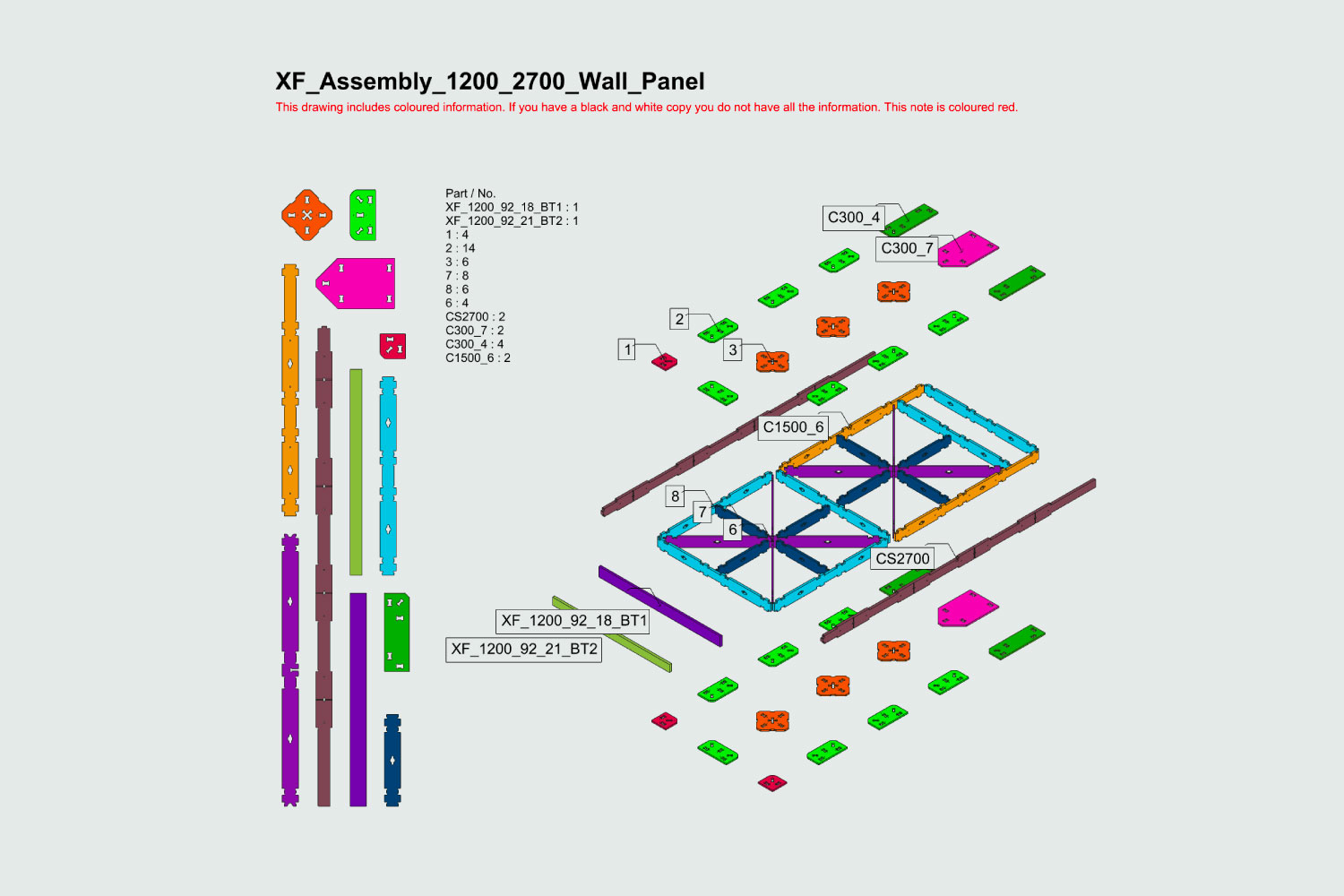 An image of an automated rendered 1200 x 2700mm XFrame Assembly drawing