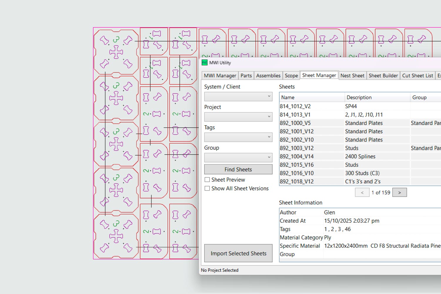 An image of a cut sheet, that is being reused from another project with the XFrame MWI Utility interface.