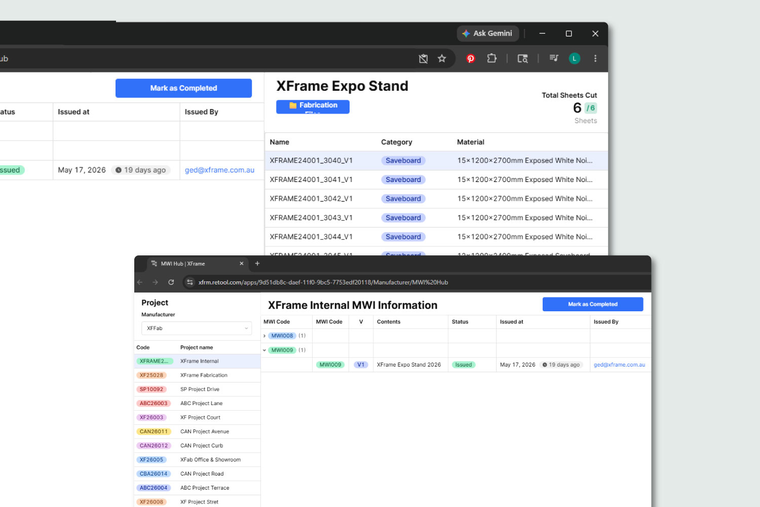 An image of what the xframe project hub looks like. Showing the workflow, the line up of projects, and whats currently cutting.