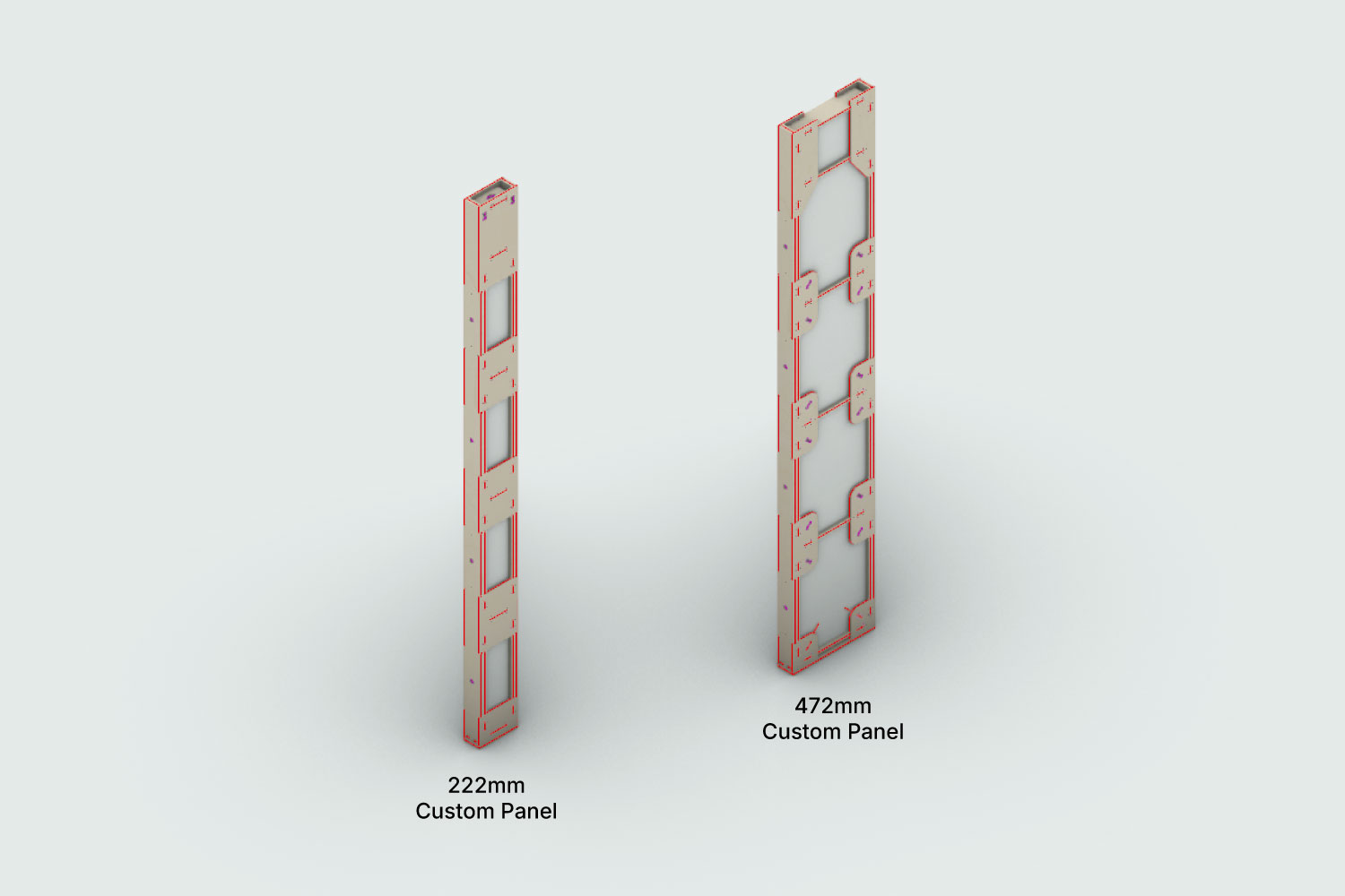 Automate Custom Part Generation Render of a 222m and 472mm Custom Panel with XFrame parts.