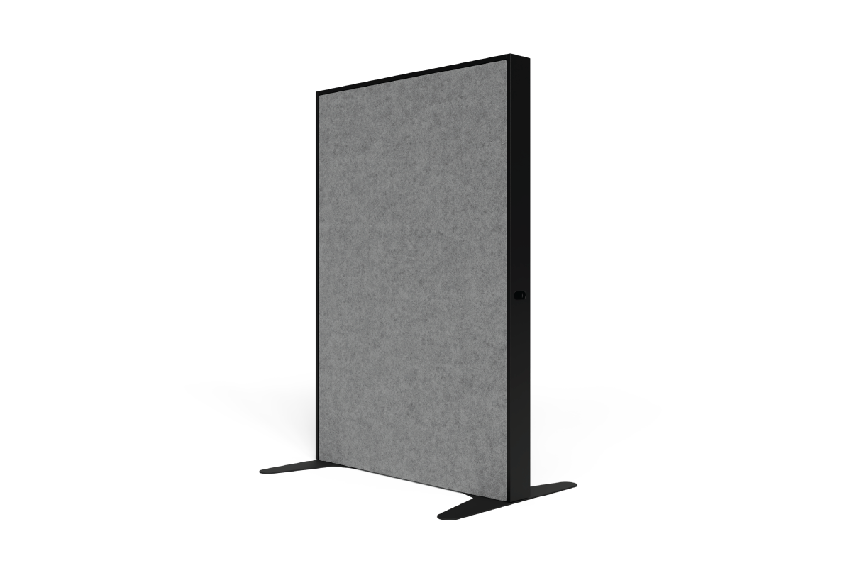 Studio Wall with Grey PET lining and a black timber frame with feet.