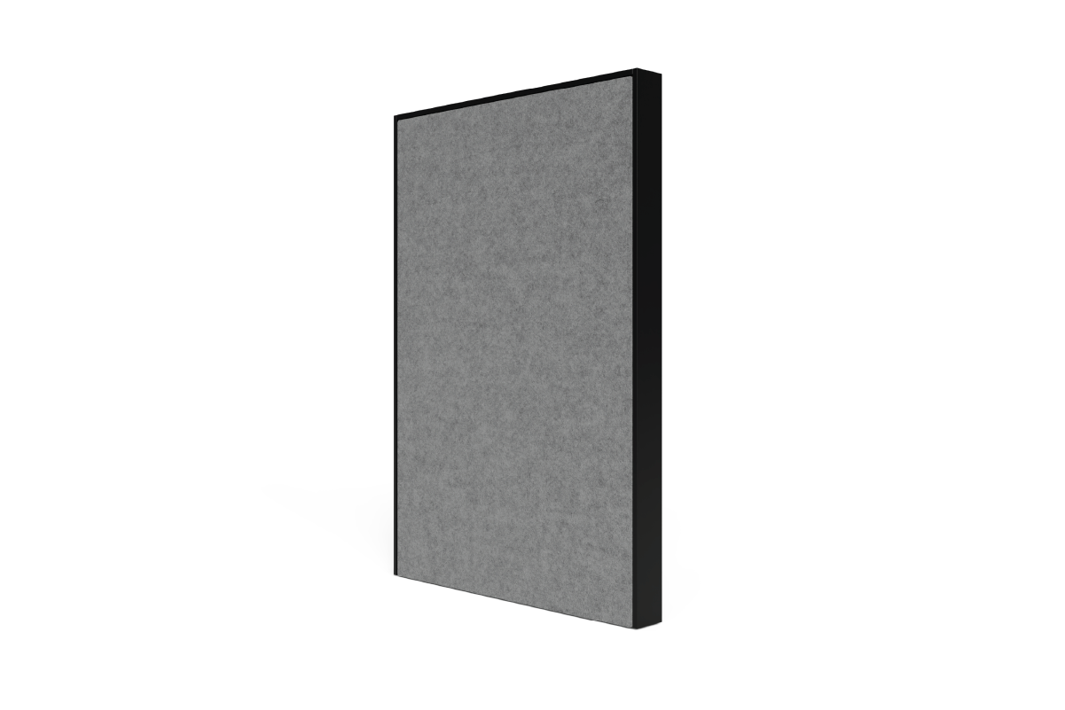 Studio Wall with Grey PET lining and a black timber frame.