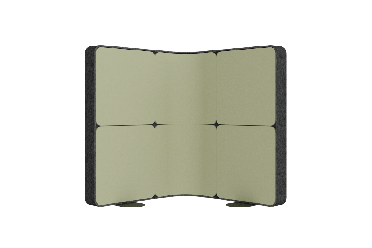A curved Quiet Wall with Leaf PET lining, and a dark grey PET trim.