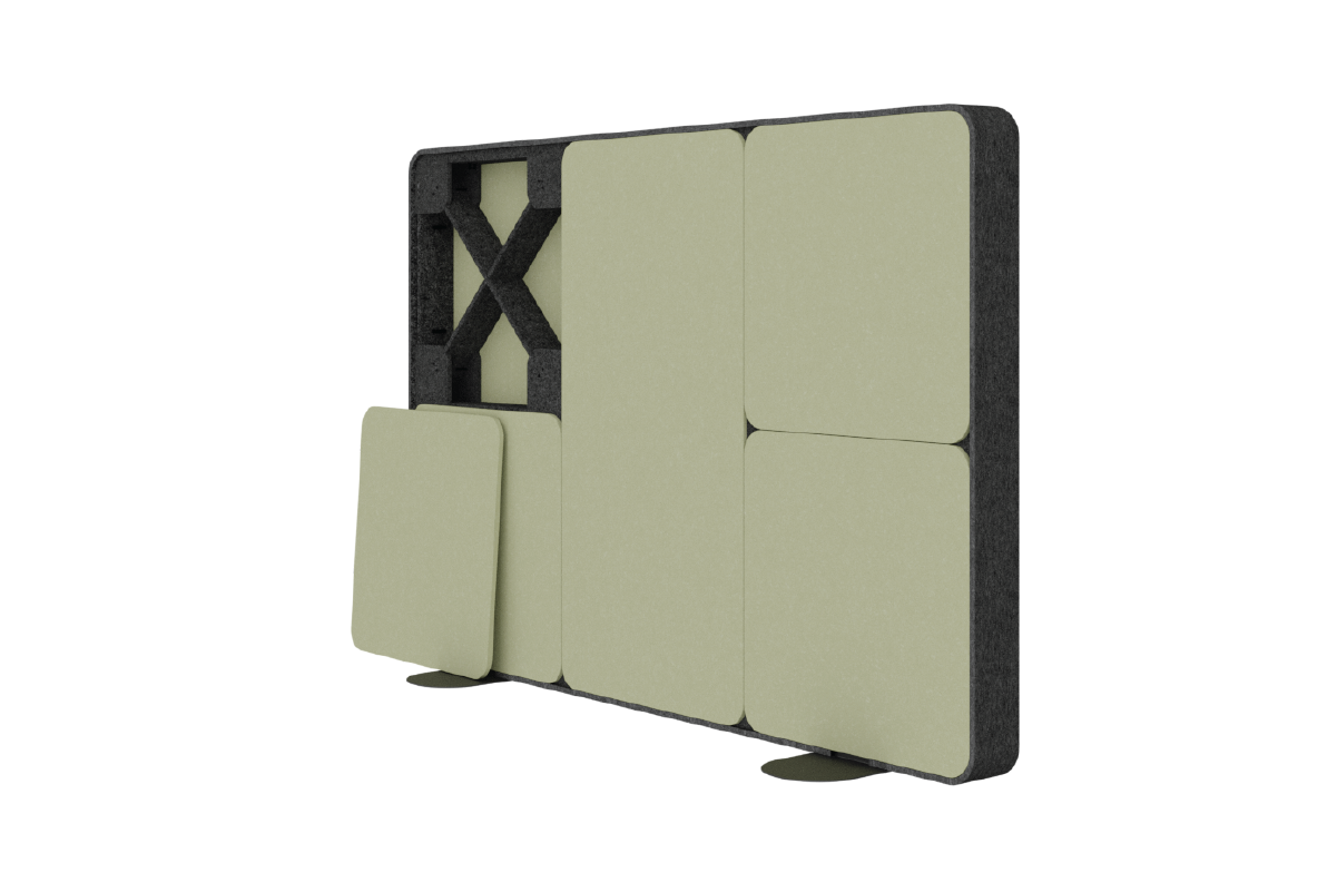 Quiet Wall with Leaf PET lining, and a dark grey PET trim - angled view with one lining square off, exposing the PET XFrame inside.
