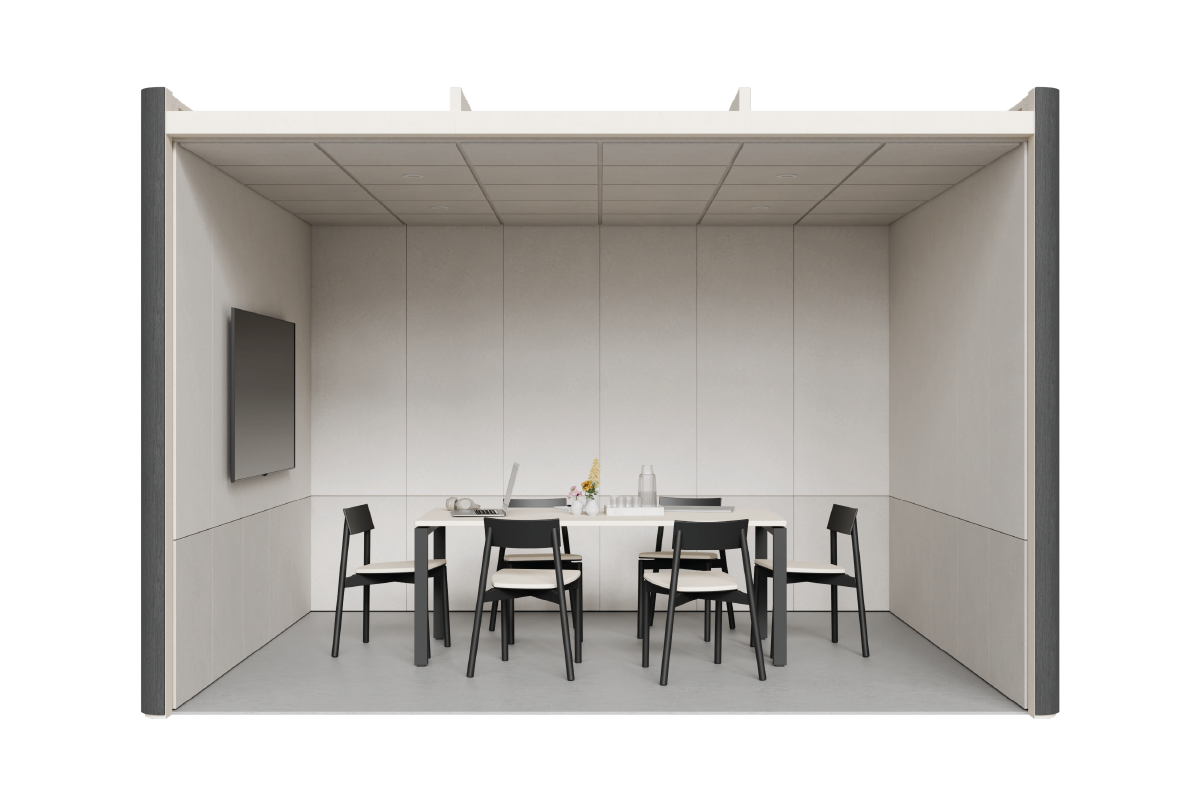 An interior look into a Share Room, with savoye PET interior linings and a large desk in the middle with six chairs around it and a TV on the left wall.