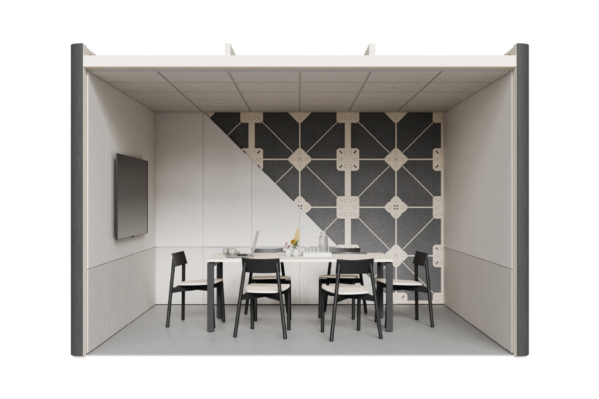 An interior look into a Share Room, with a diagonal split showing XFrame panels against the back wall, and savoye PET interior linings and a large desk in the middle with six chairs around it and a TV on the left wall.