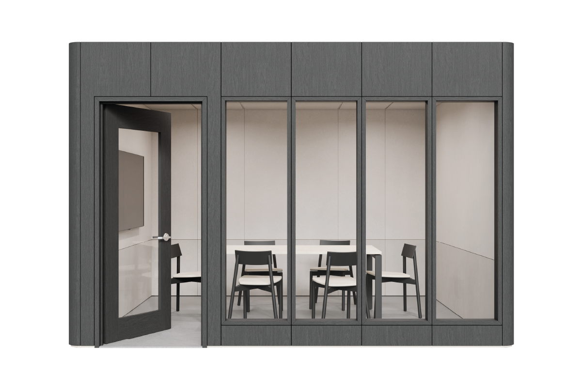 A Share Room with black laminate exterior linings, and savoye PET interior linings. A large desk with six chairs around it, and a TV on the left wall, with a door open on the left.