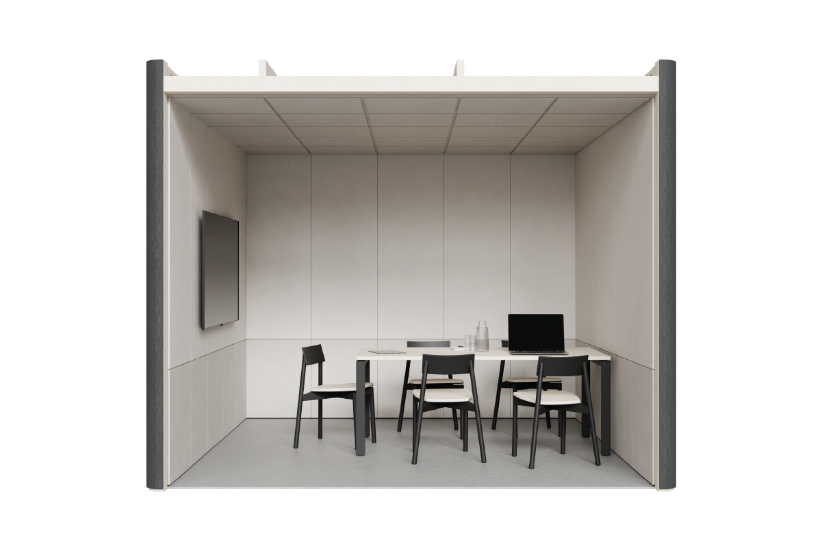 An interior look into a Huddle Room, with savoye PET interior linings and a large desk against the right wall the with five chairs around it and a TV on the left wall.
