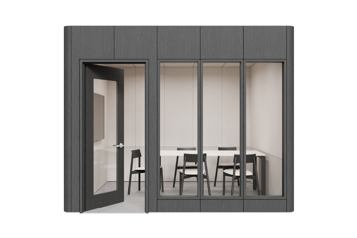 A Huddle Room with black laminate exterior linings, and savoye PET interior linings. A large desk against the right wall with five chairs around it, Tv on the left wall, with a door open.