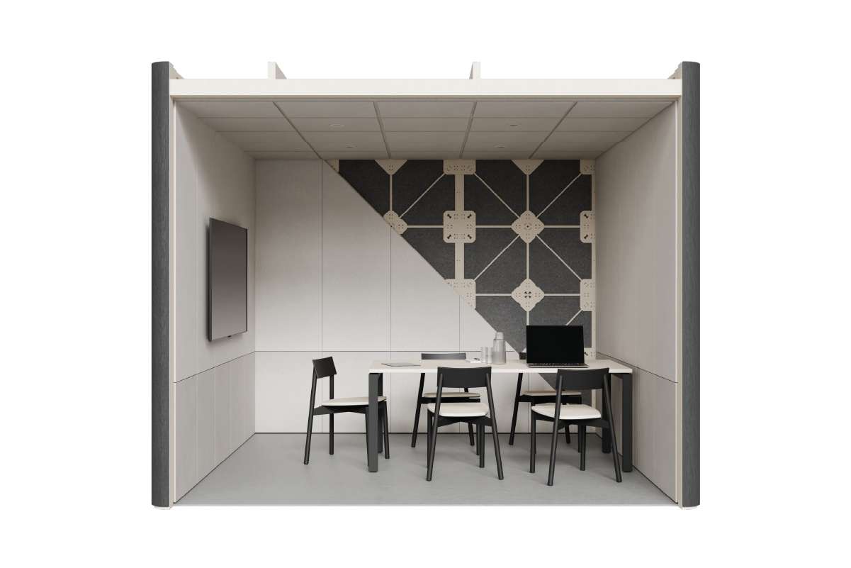 An interior look into a Huddle Room, with a diagonal split showing XFrame panels against the back wall, and savoye PET interior linings and a large desk against the right wall with five chairs around it and a TV on the left wall.